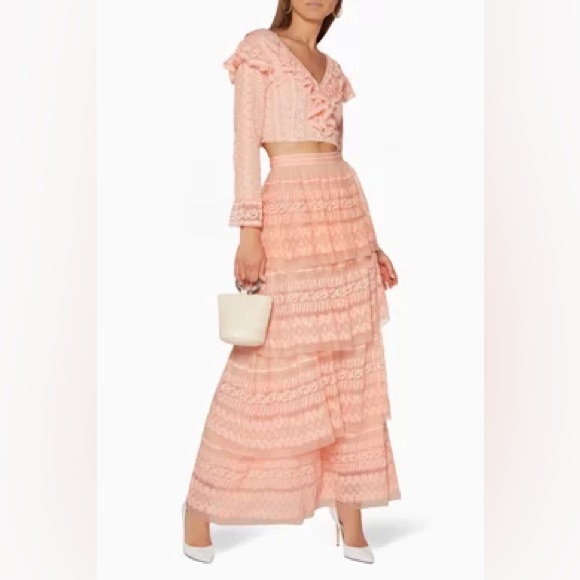 LoveShackFancy Dresses & Skirts - LoveShackFancy Harriet Maxi Skirt Pink Rosewater Tiered Lace Size 2
